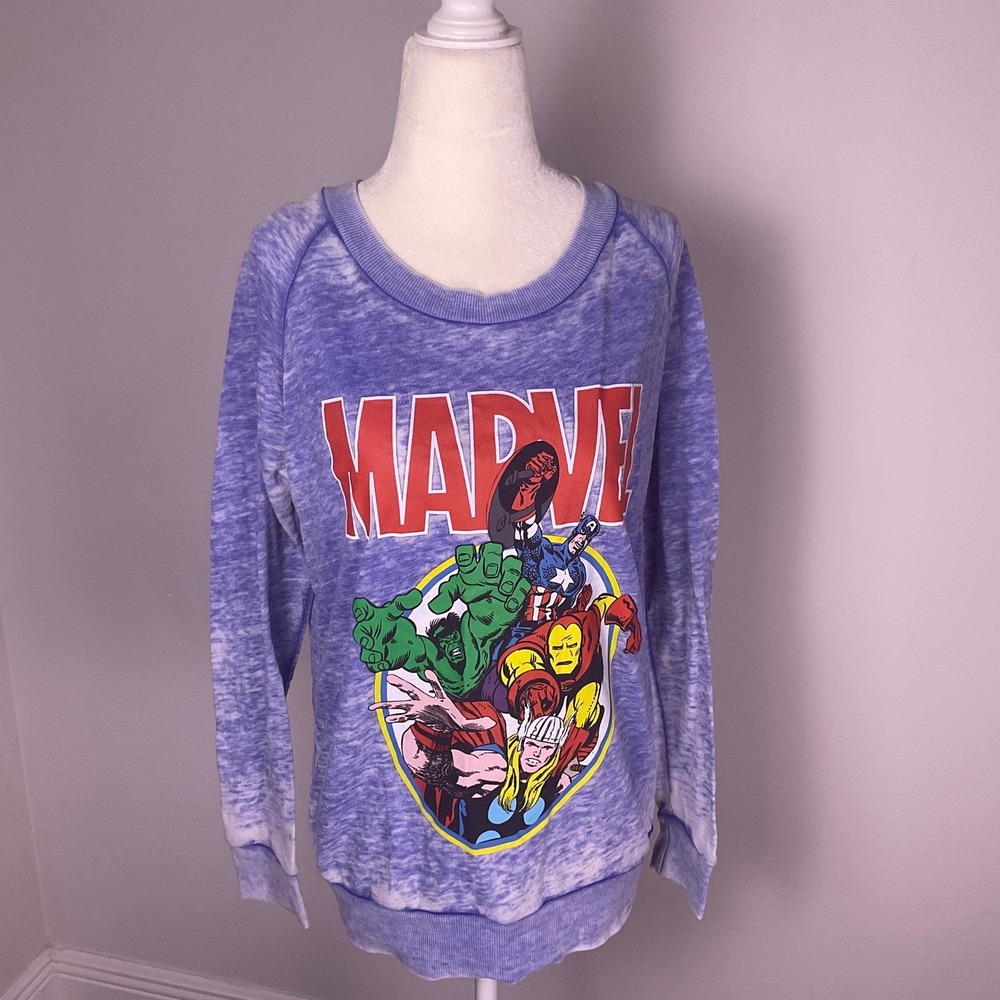 Marvel Avengers blue Acid Wash Back Zip Graphic thin Sweatshirt women's Small